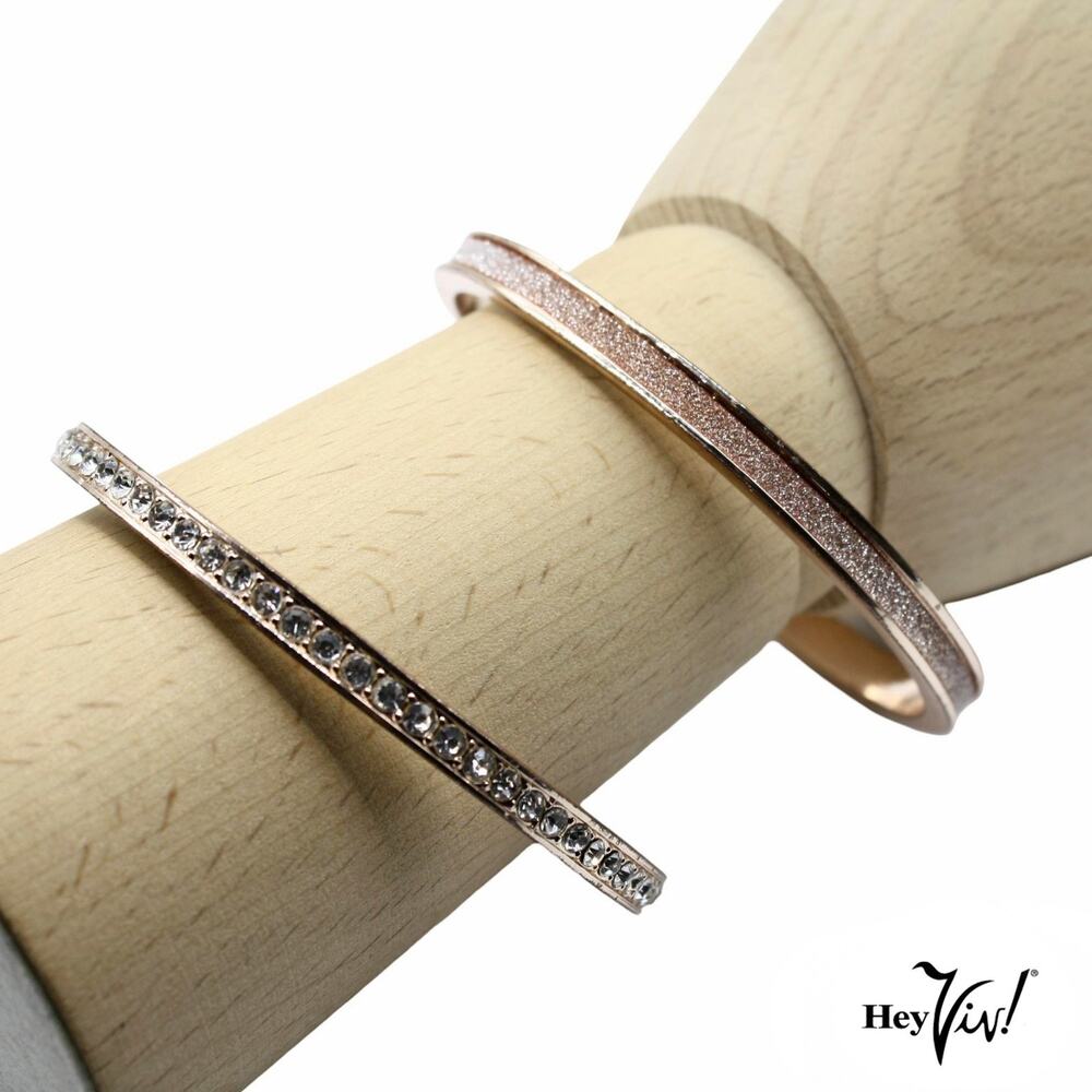 Vintage Rose Gold Tone Bangle Bracelets Set of 2 Rhinestone Glitter - Hey Viv